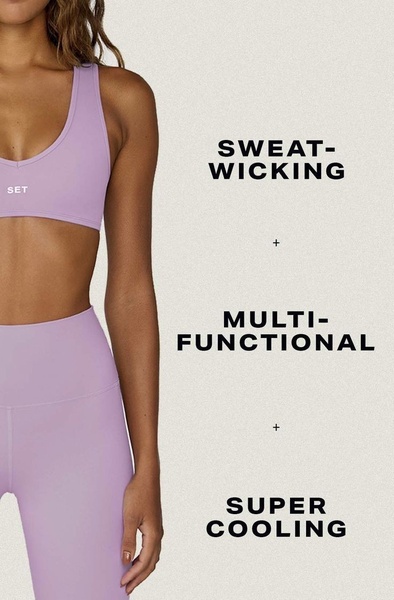 activewear set, workout set, athletic wear, fitness set, gym set, sports bra set, leggings set, product launch, brand awareness, minimalist, calm, fresh, purple, neutral